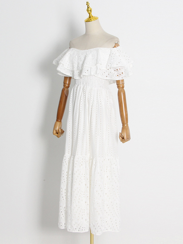 Embroidered Double-layer Lotus Leaf Off-Shoulder Maxi Dress
