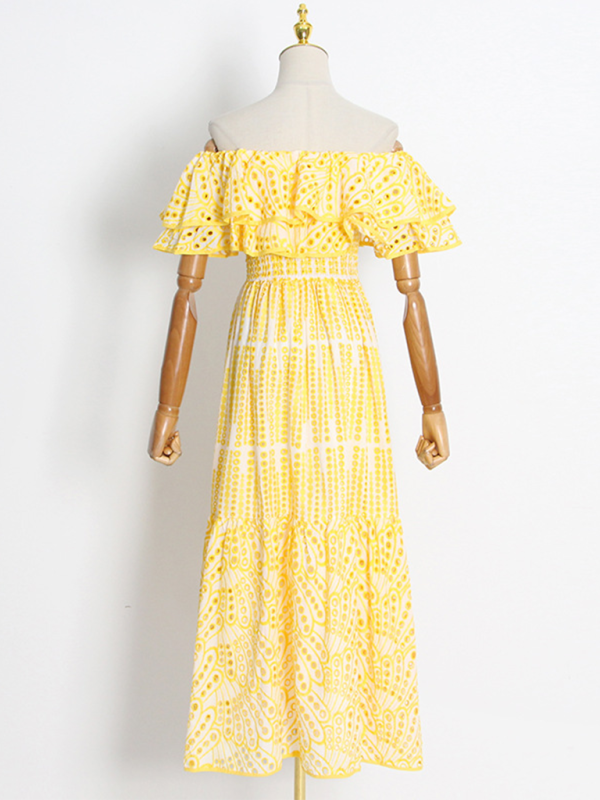 Embroidered Double-layer Lotus Leaf Off-Shoulder Maxi Dress