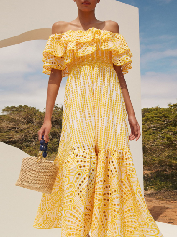 Embroidered Double-layer Lotus Leaf Off-Shoulder Maxi Dress