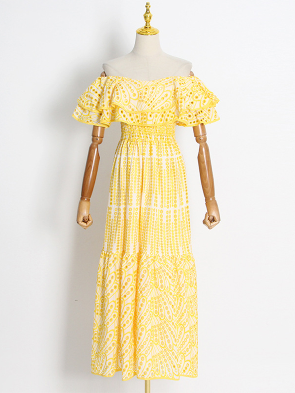 Embroidered Double-layer Lotus Leaf Off-Shoulder Maxi Dress