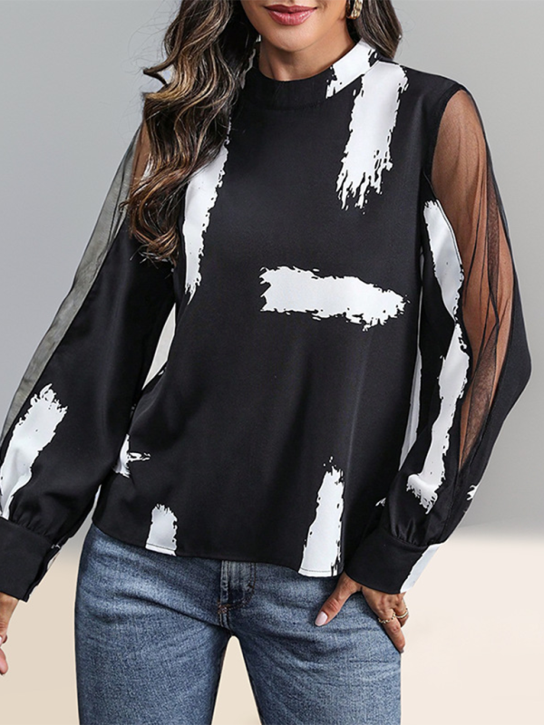 Stand Collar Lace Stitching Sheer Long Sleeve Top