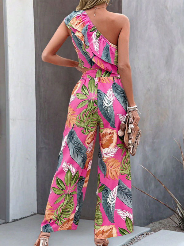 One-Shoulder Sleeveless Cropped Top Boho Print Wide-Leg Pants Two-Piece set