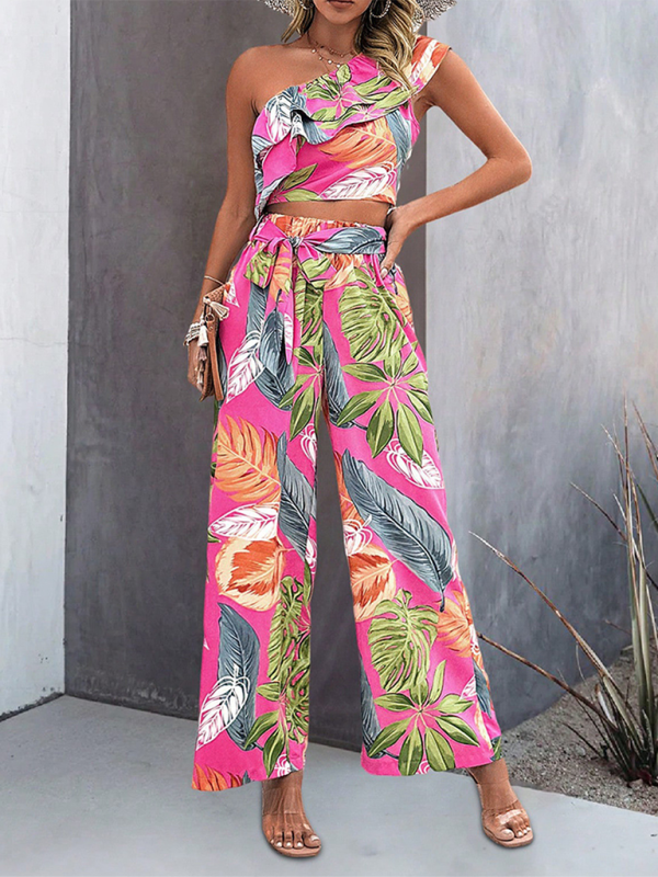 One-Shoulder Sleeveless Cropped Top Boho Print Wide-Leg Pants Two-Piece set