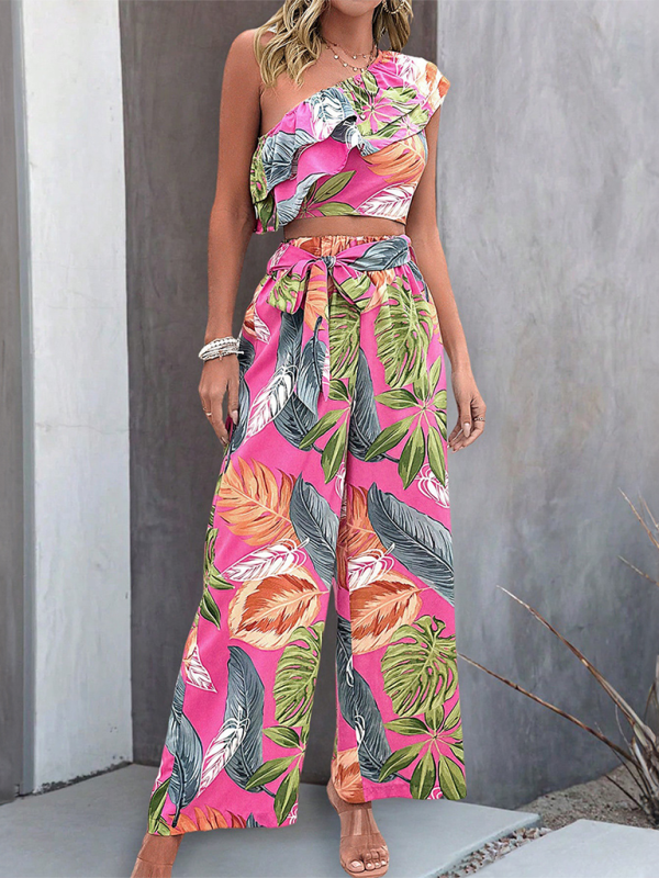 One-Shoulder Sleeveless Cropped Top Boho Print Wide-Leg Pants Two-Piece set