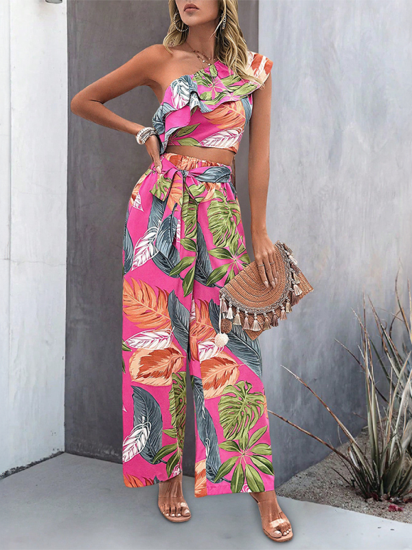 One-Shoulder Sleeveless Cropped Top Boho Print Wide-Leg Pants Two-Piece set