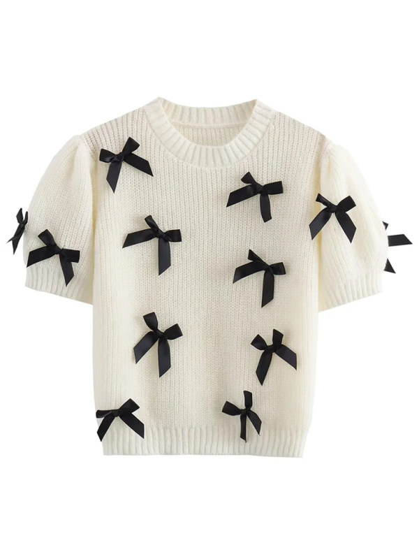 Puff Sleeves Short Sleeve Sweater with Bows