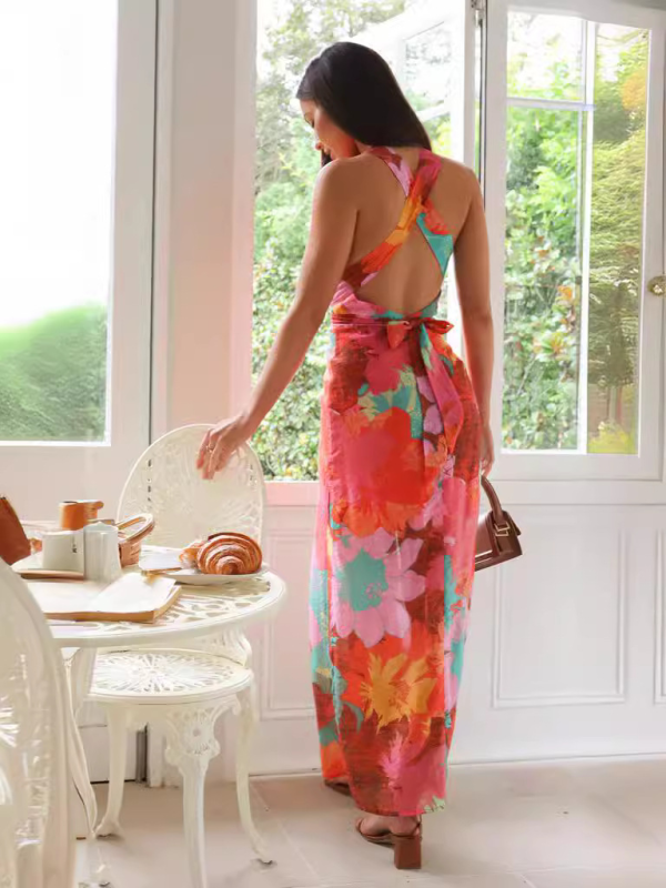 Deep V-Neck Flower Print Lace-up Back Maxi Dress