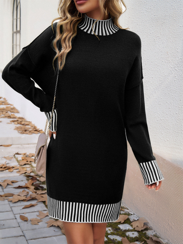 Women's Contrast Color Panel Long Sleeves Sweater Dress