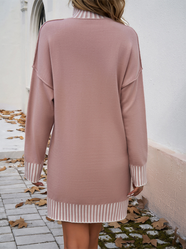 Women's Contrast Color Panel Long Sleeves Sweater Dress