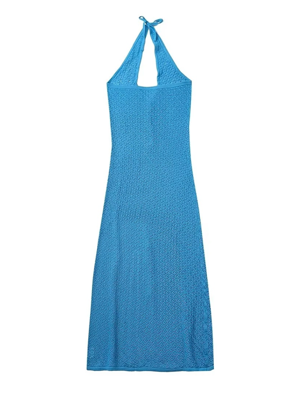 Deep V Halter Neck Long Front Slit Knitted Dress