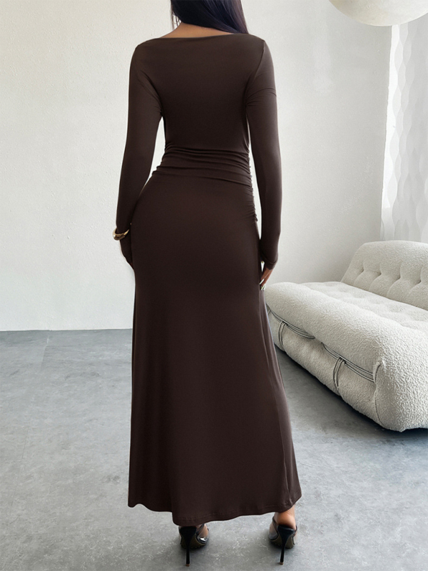 Solid Color One Shoulder Long Sleeves Bodycon Maxi Dress