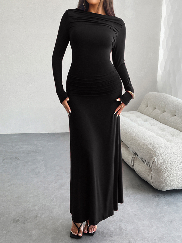 Solid Color One Shoulder Long Sleeves Bodycon Maxi Dress