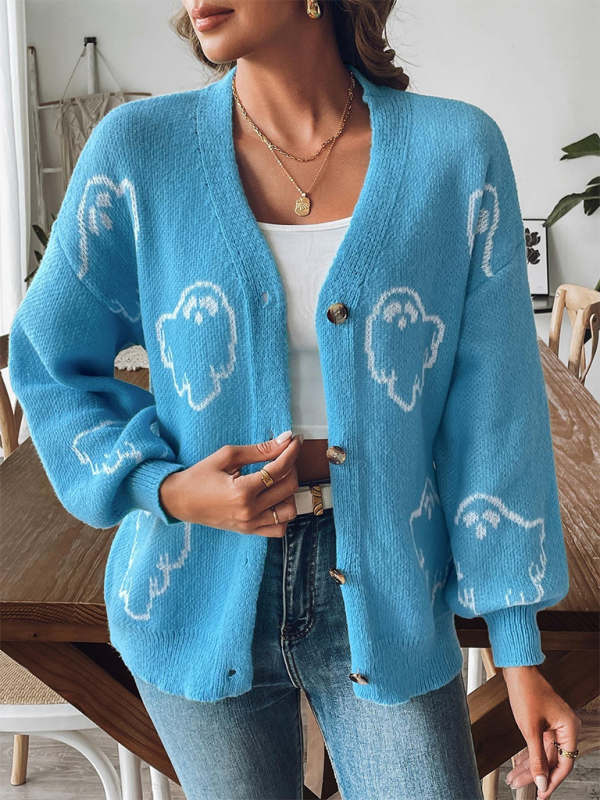 Casual Cartoon Print Button Cardigan Sweater