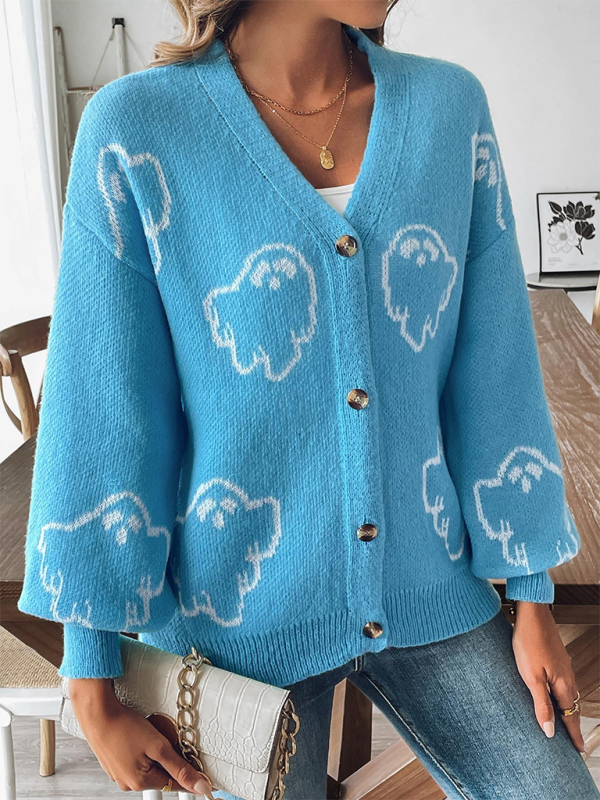 Casual Cartoon Print Button Cardigan Sweater