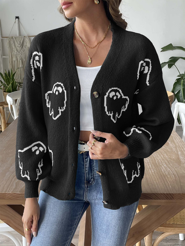 Casual Cartoon Print Button Cardigan Sweater