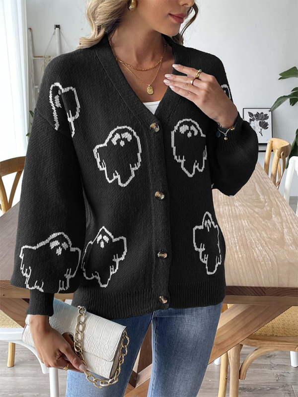 Casual Cartoon Print Button Cardigan Sweater