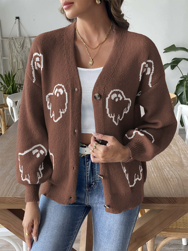 Casual Cartoon Print Button Cardigan Sweater