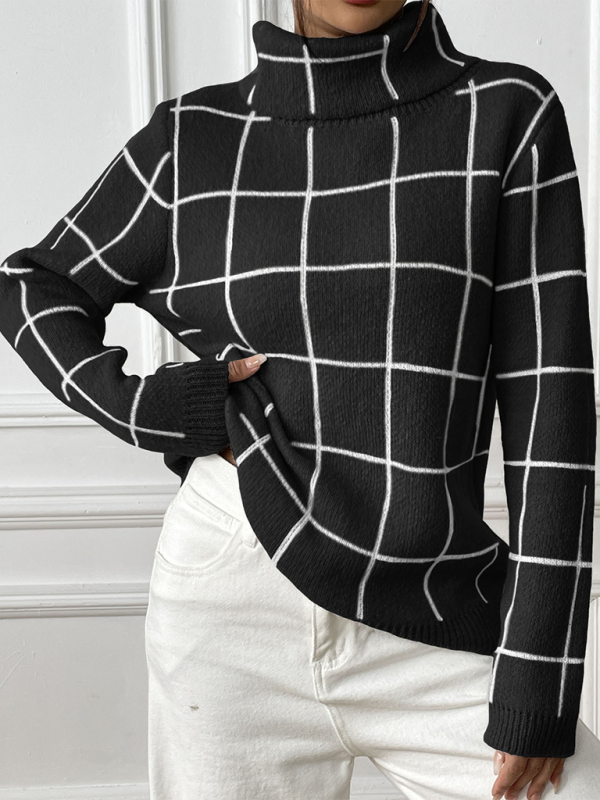 Contrast Plaid Turtleneck Long Sleeves Sweater