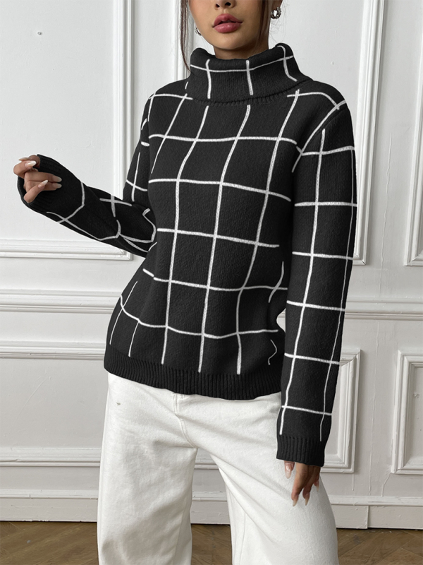 Contrast Plaid Turtleneck Long Sleeves Sweater