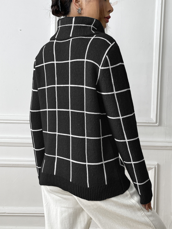 Contrast Plaid Turtleneck Long Sleeves Sweater