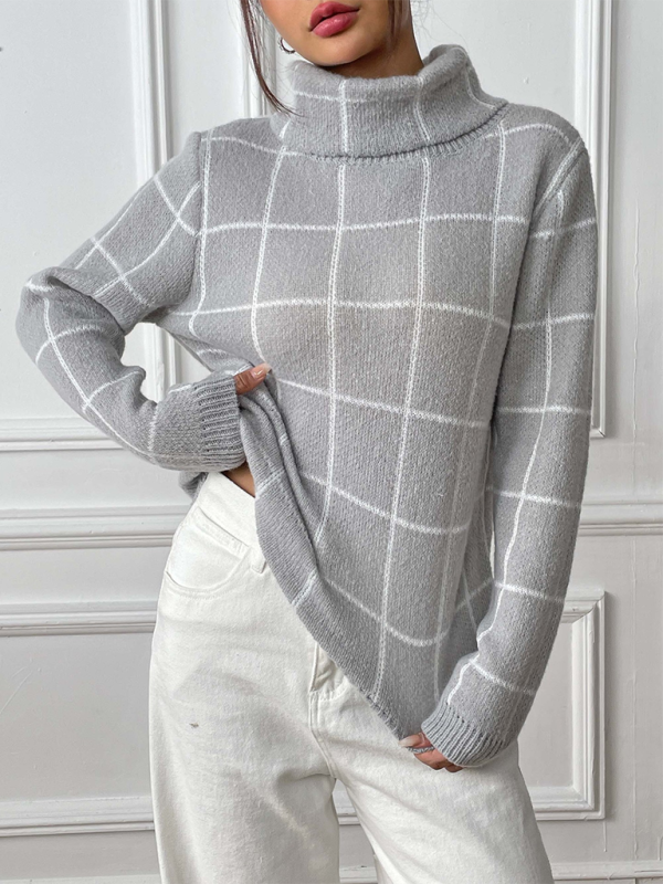 Contrast Plaid Turtleneck Long Sleeves Sweater