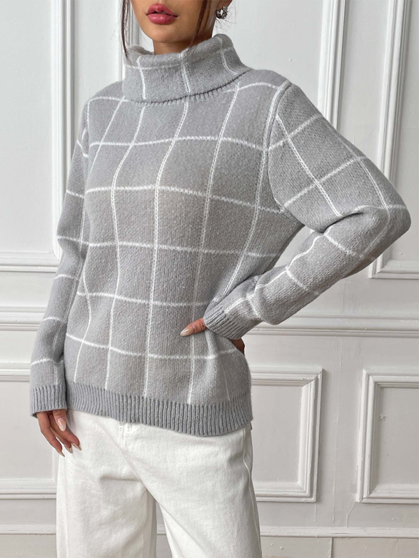 Contrast Plaid Turtleneck Long Sleeves Sweater