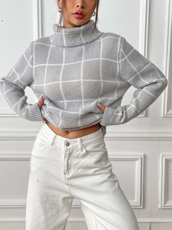 Contrast Plaid Turtleneck Long Sleeves Sweater