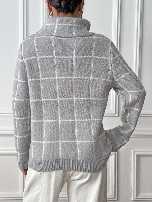 Contrast Plaid Turtleneck Long Sleeves Sweater