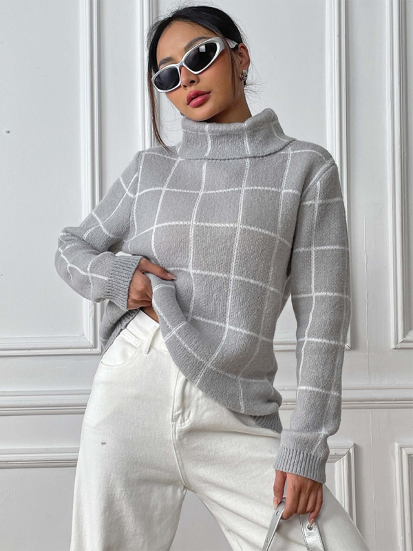 Contrast Plaid Turtleneck Long Sleeves Sweater