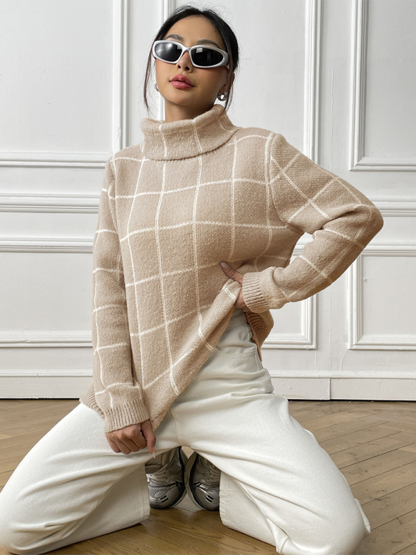 Contrast Plaid Turtleneck Long Sleeves Sweater