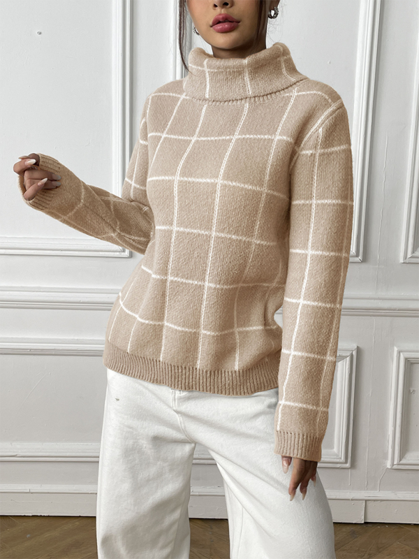 Contrast Plaid Turtleneck Long Sleeves Sweater