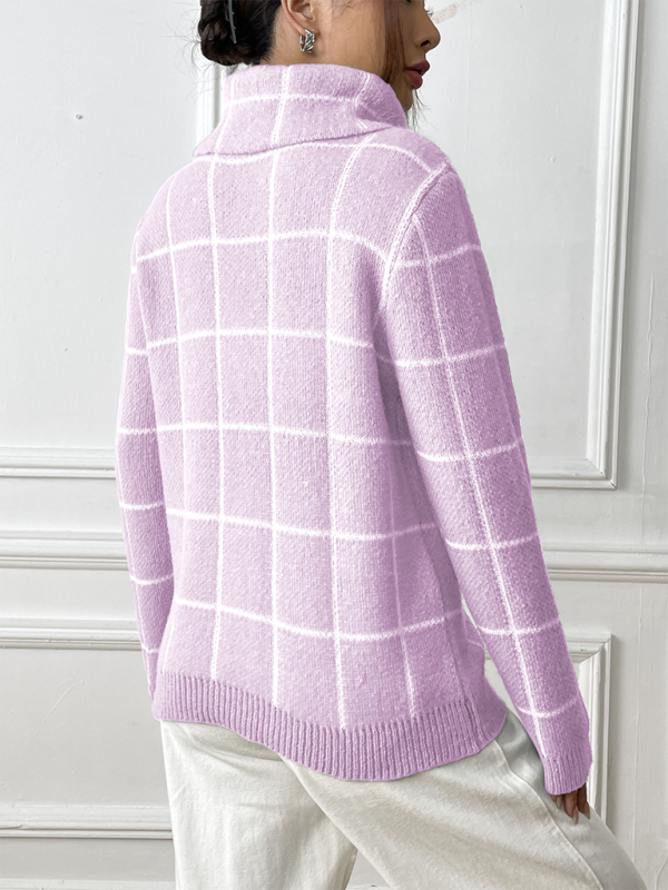 Contrast Plaid Turtleneck Long Sleeves Sweater