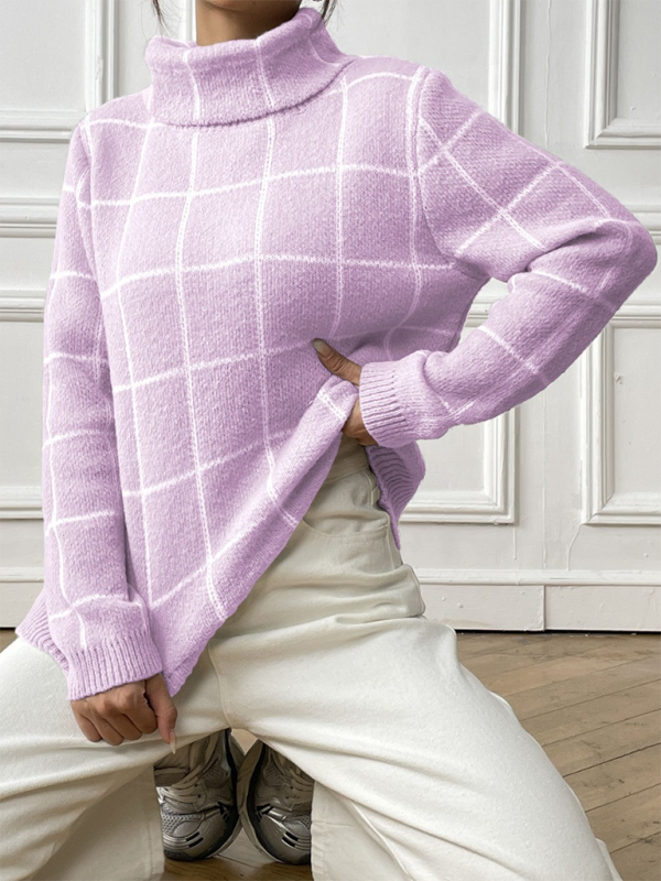 Contrast Plaid Turtleneck Long Sleeves Sweater