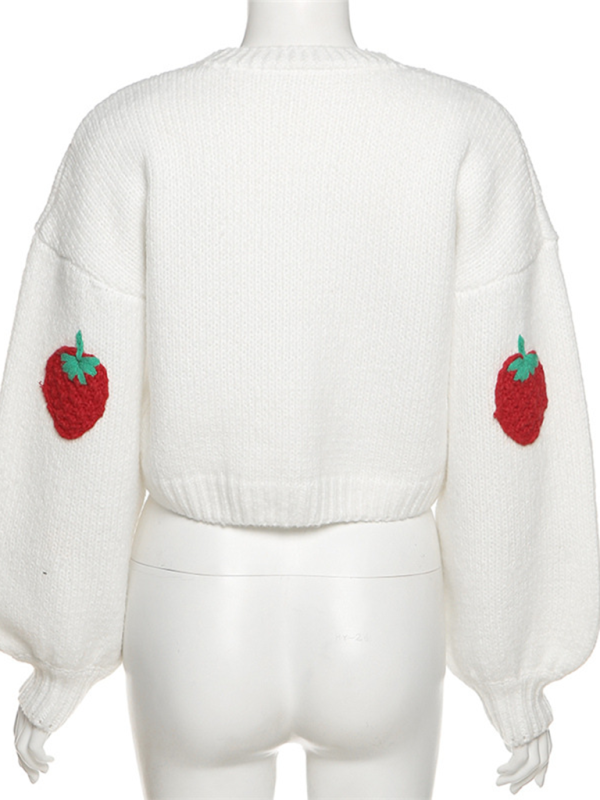 Strawberry Embellished V-Neck Cropped Knitted Cardigan