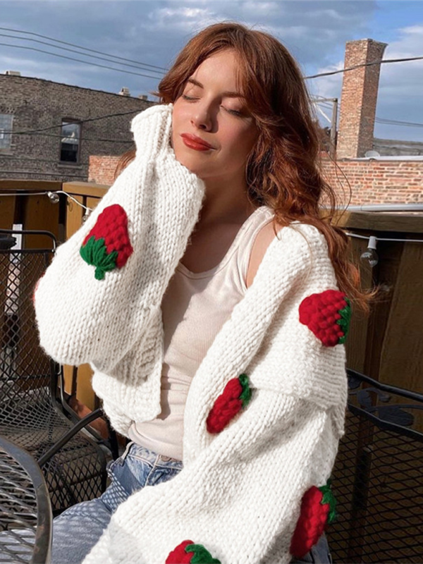 Strawberry Embellished V-Neck Cropped Knitted Cardigan