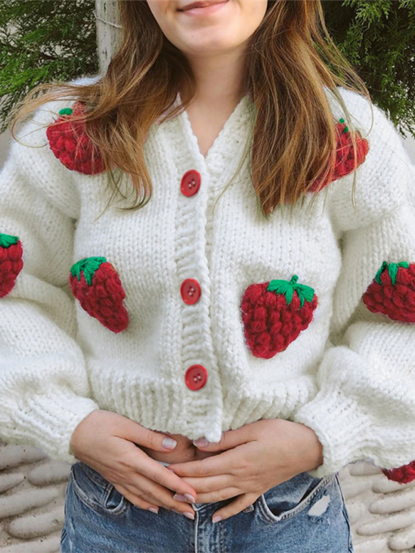 Strawberry Embellished V-Neck Cropped Knitted Cardigan