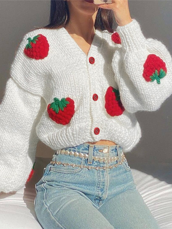 Strawberry Embellished V-Neck Cropped Knitted Cardigan