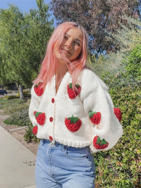 Strawberry Embellished V-Neck Cropped Knitted Cardigan