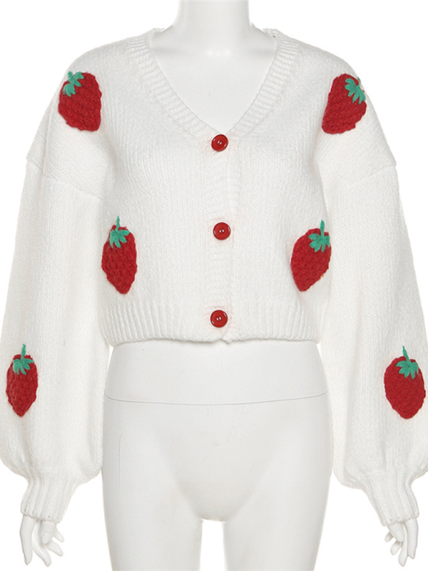 Strawberry Embellished V-Neck Cropped Knitted Cardigan