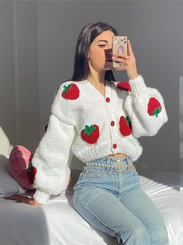 Strawberry Embellished V-Neck Cropped Knitted Cardigan