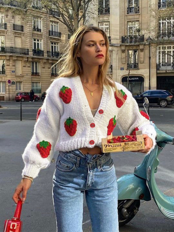 Strawberry Embellished V-Neck Cropped Knitted Cardigan