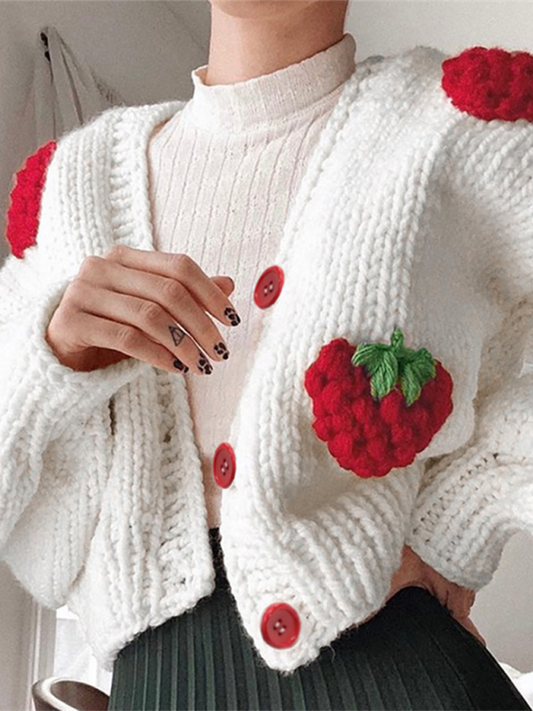 Strawberry Embellished V-Neck Cropped Knitted Cardigan