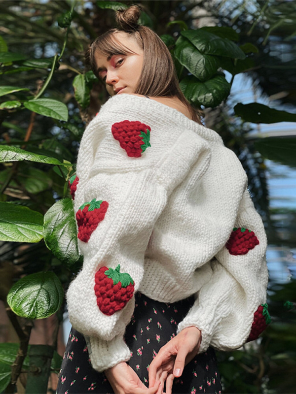 Strawberry Embellished V-Neck Cropped Knitted Cardigan