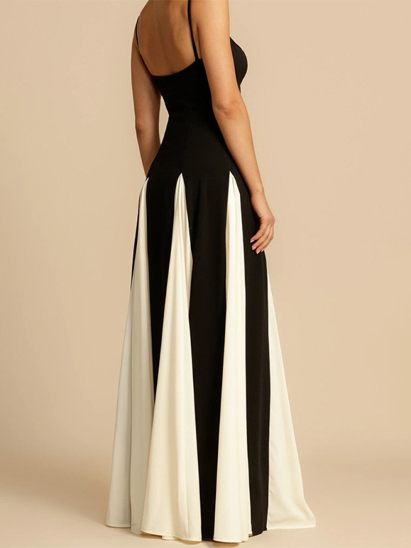 Black and White Princess Neckline Color Block Long Dress