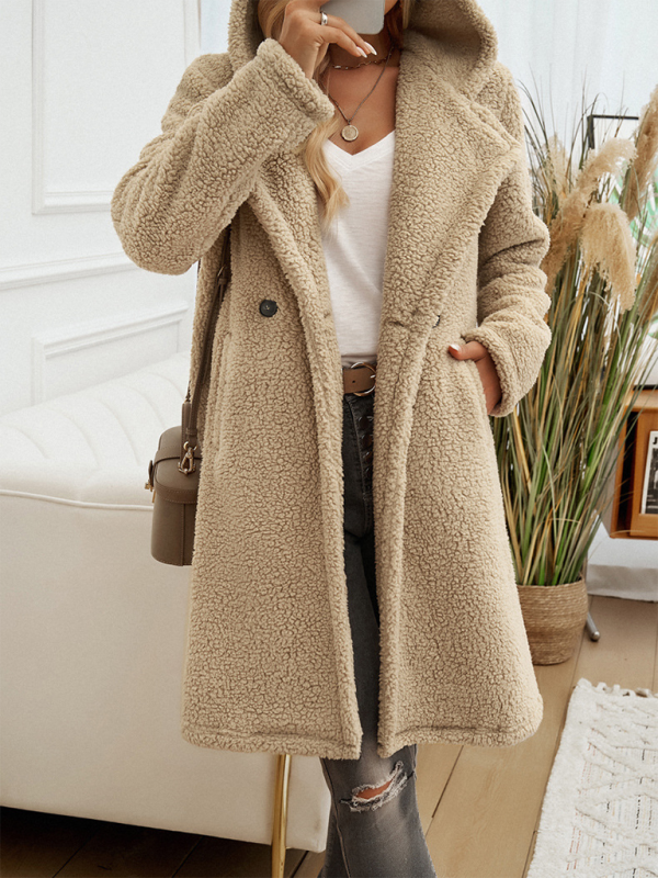 Women's 2-Button Front Lapel Collar Hooded Plush Coat with Pockets