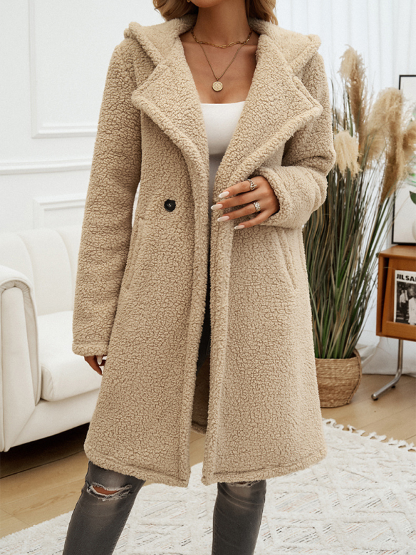 Women's 2-Button Front Lapel Collar Hooded Plush Coat with Pockets