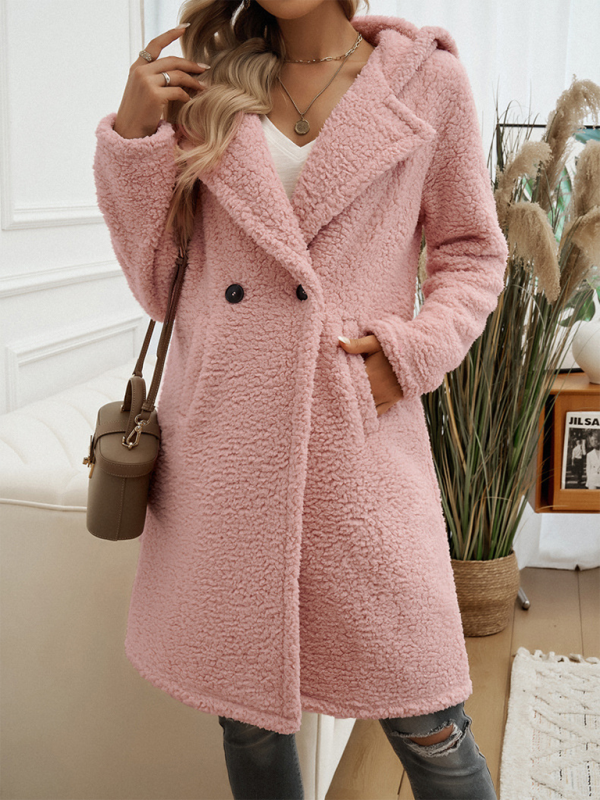 Women's 2-Button Front Lapel Collar Hooded Plush Coat with Pockets