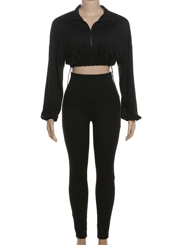 Women's Cropped Drawstring Waist Long Sleeves Top and Pants Set