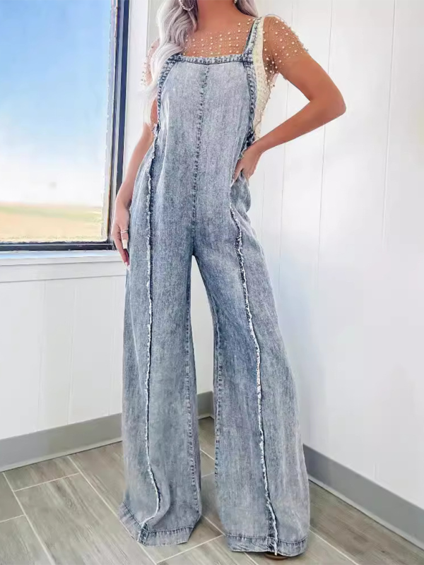 Raw Edge Vintage Washed Wide Leg Overall Jumpsuit with Pockets