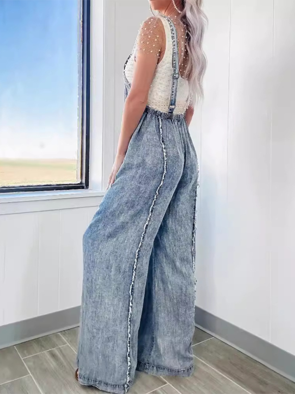 Raw Edge Vintage Washed Wide Leg Overall Jumpsuit with Pockets